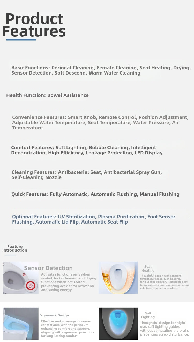 1202 wall-mounted smart bidet toilet features: sensitive seat sensor, warm heated seat, intelligent deodorization, and soft blue night light