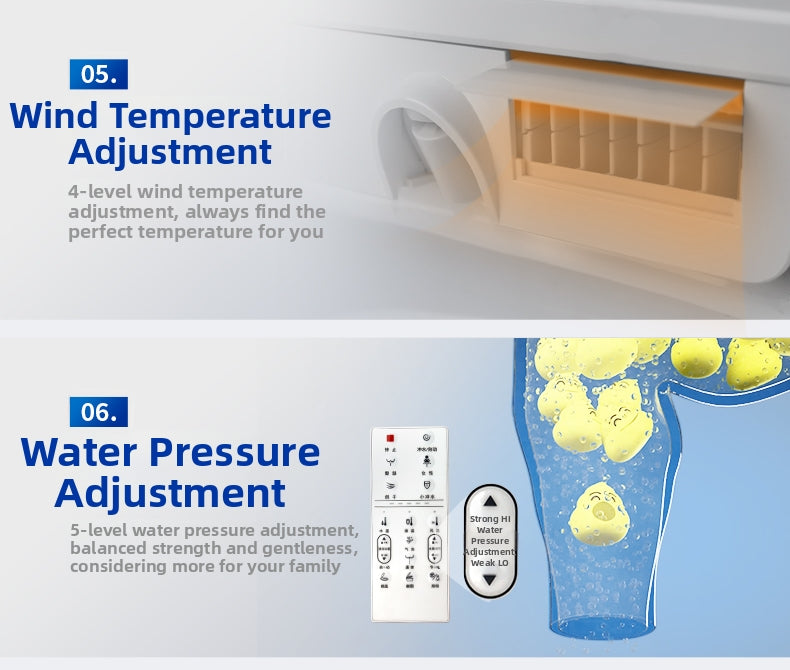 JA07 Smart Bidet Toilet: Customize your clean with 5-level adjustable water pressure and a soothing warm air dryer. From powerful massage to gentle care, enjoy a personalized, paperless spa experience at home.