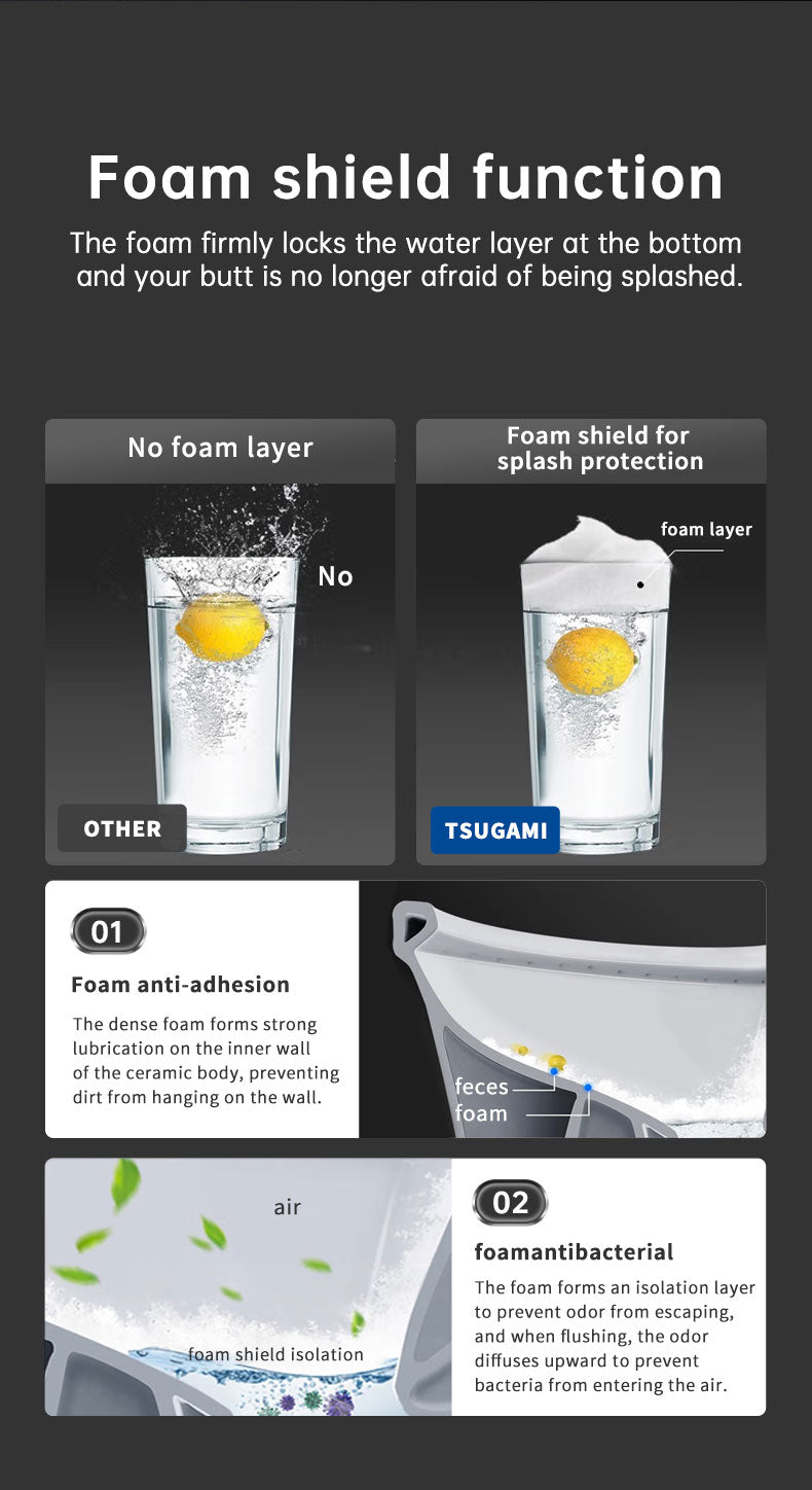 M8 smart bidet toilet foam shield technology that creates a thick layer of foam to prevent splashing and isolate odors for a cleaner bathroom