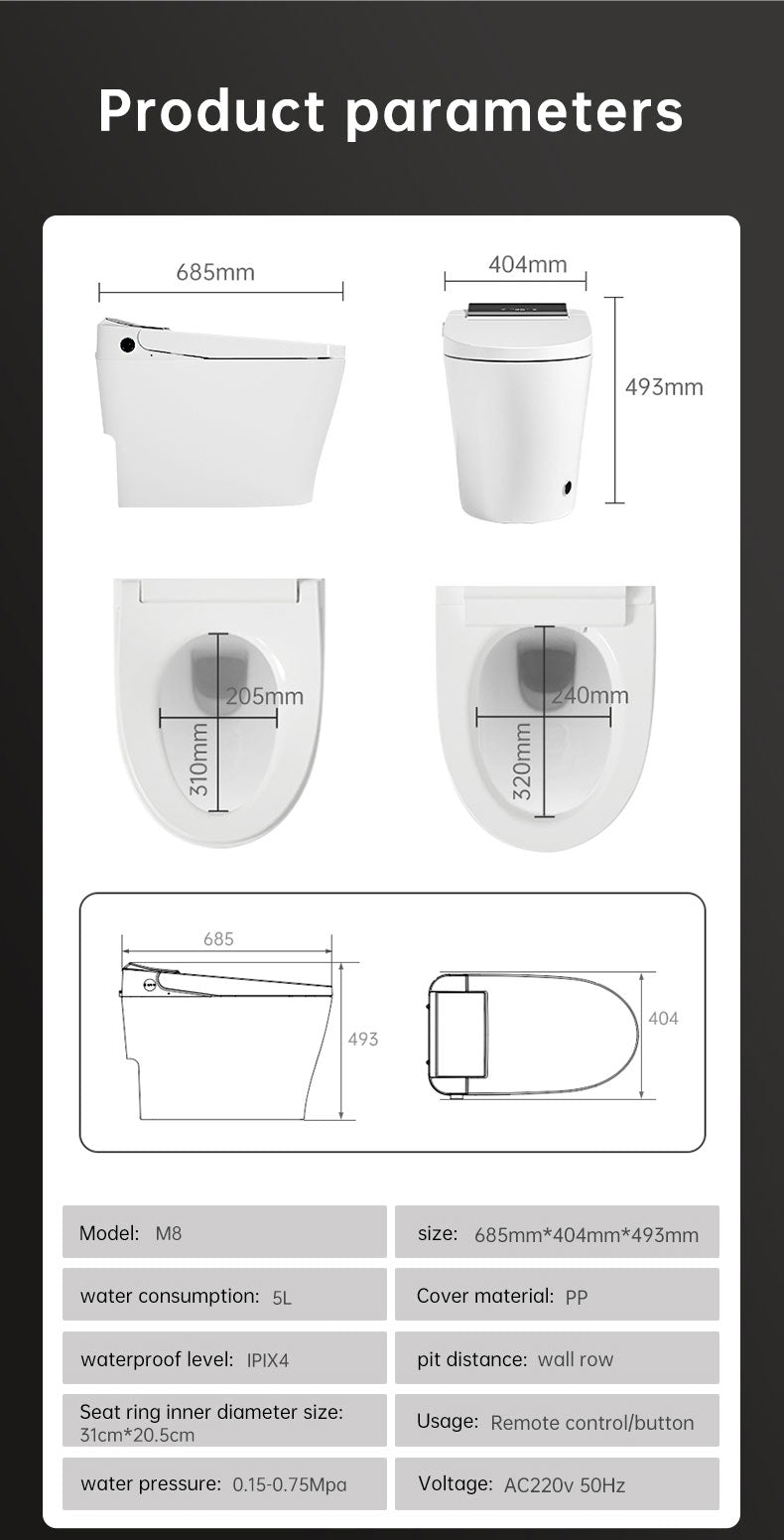  M8 smart bidet toilet detailed dimensions guide : 680mm length, 404mm width, and 493mm height