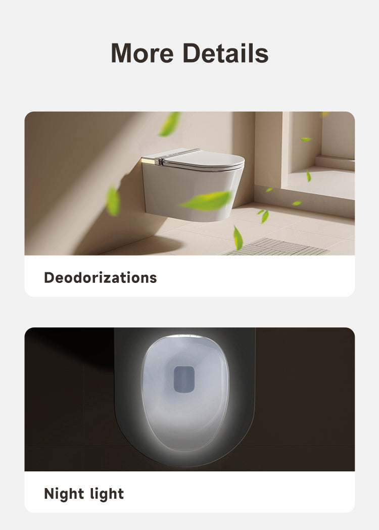 Wall-hung smart toilet with an automatic active carbon deodorizer for a fresh bathroom and a soft LED night light for safe midnight use.