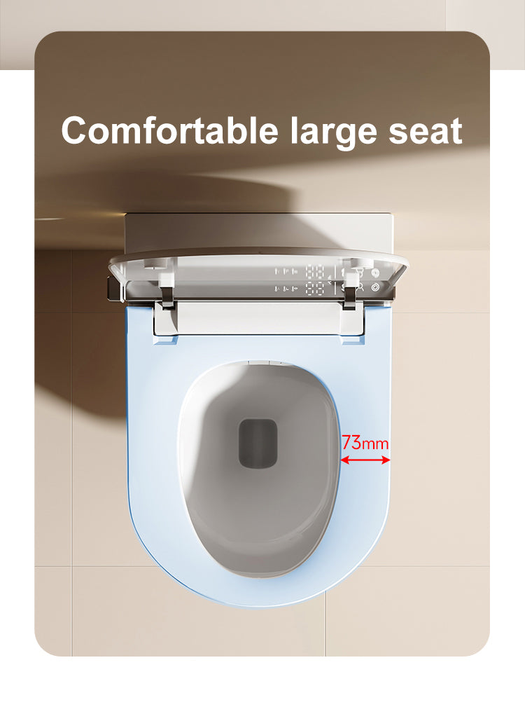 Ergonomically designed wall-hung smart toilet featuring a widened contoured seat for optimal weight distribution and superior sitting comfort