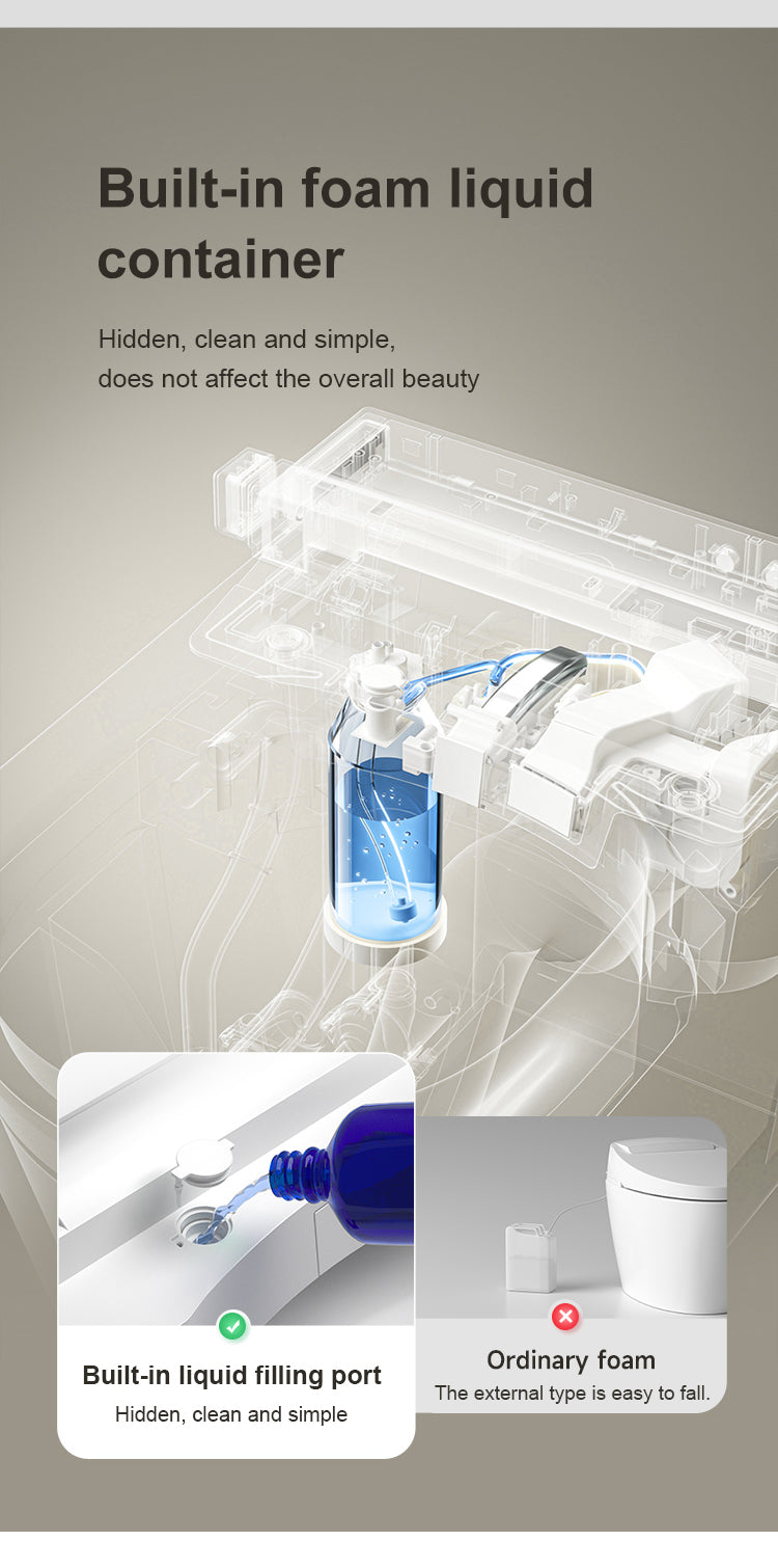 Wall-hung smart toilet with a built-in foam shield system that creates a thick honeycomb layer to prevent splashing, lock in odors, and prevent waste from sticking to the bowl.