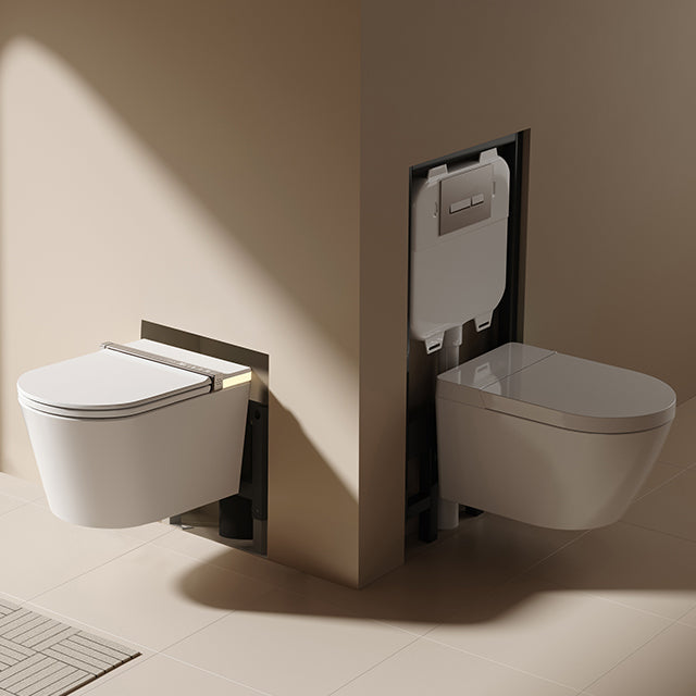 Modern wall-hung smart toilet featuring a concealed in-wall tank system for a minimalist, space-saving, and high-end bathroom look
