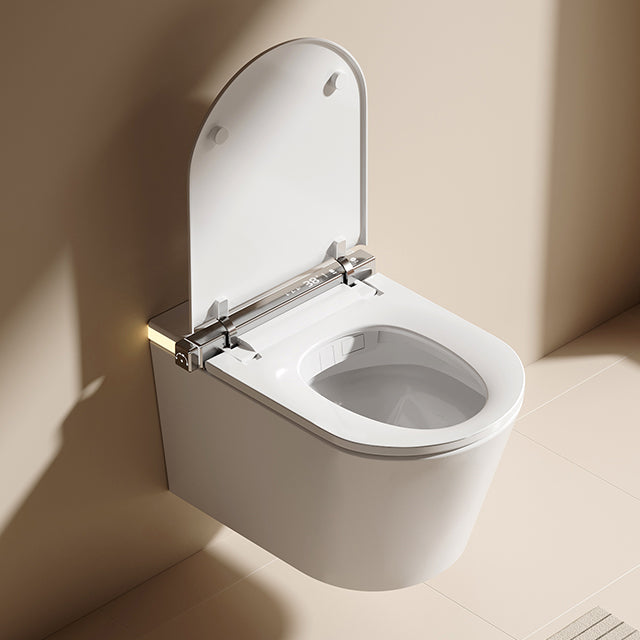 Modern wall-hung smart toilet featuring a space-saving floating design and hands-free automatic lid opening for ultimate convenience