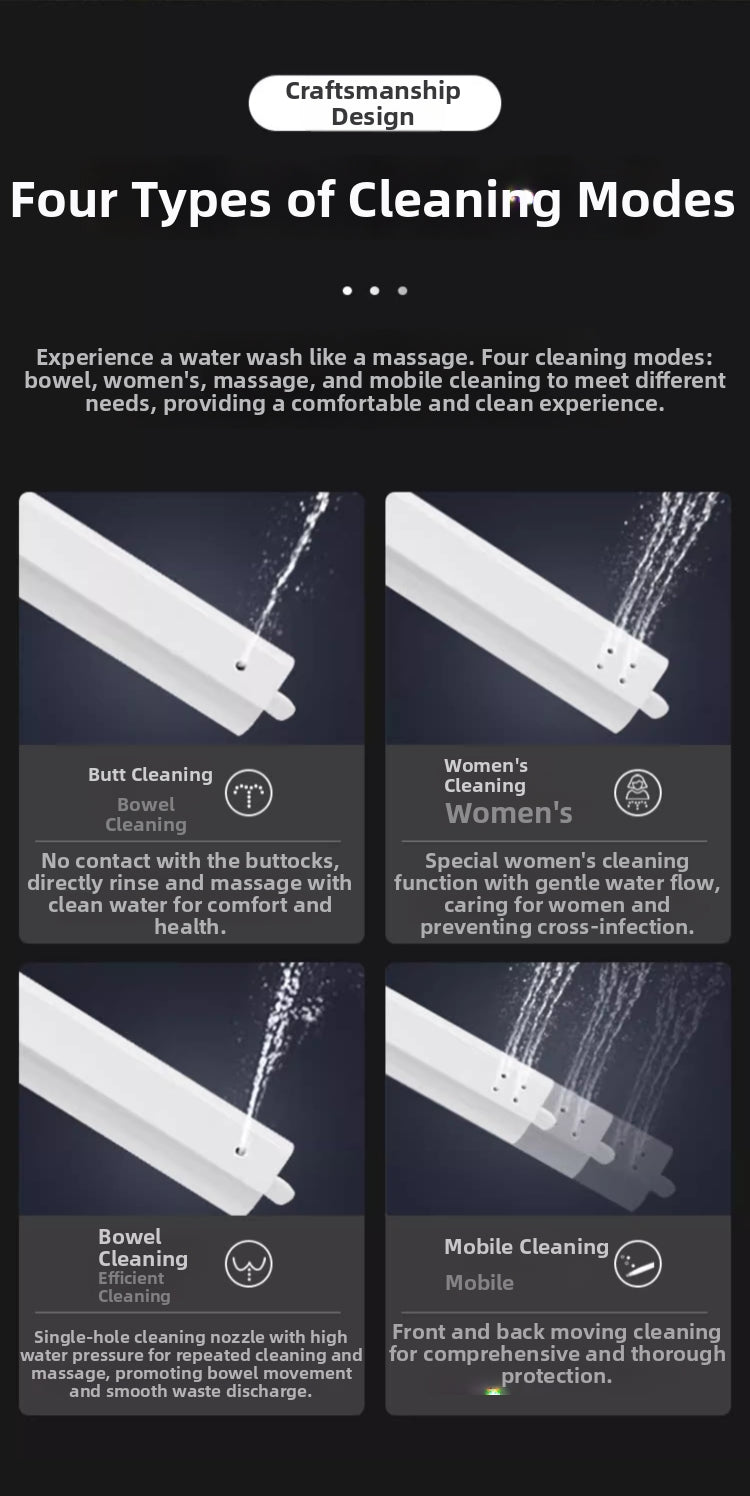 HK76 smart enema bidet toilet's offers four specialized cleaning modes: Enema Wash for constipation relief, Feminine Wash for delicate care, Posterior Wash for daily hygiene, and Mobile Wash for wide-area cleansing. A comprehensive hygiene solution for every user