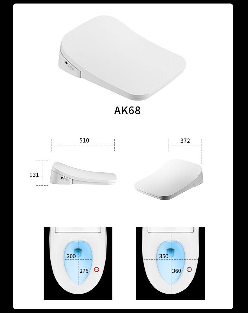 Dimensions for the KB32 Square/D-Shape smart bidet toilet seat: 510mm Length, 372mm Width, and 131mm Height. Specially designed to fit modern square-style toilet bowls with a sleek, low-profile look