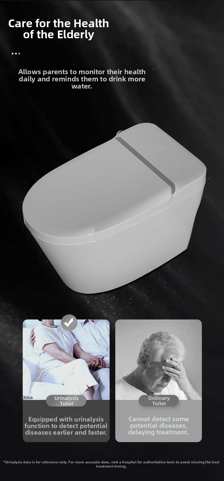 t2 urine analysis smart bidet toilet designed for elderly care, providing automatic daily health monitoring for seniors at home.