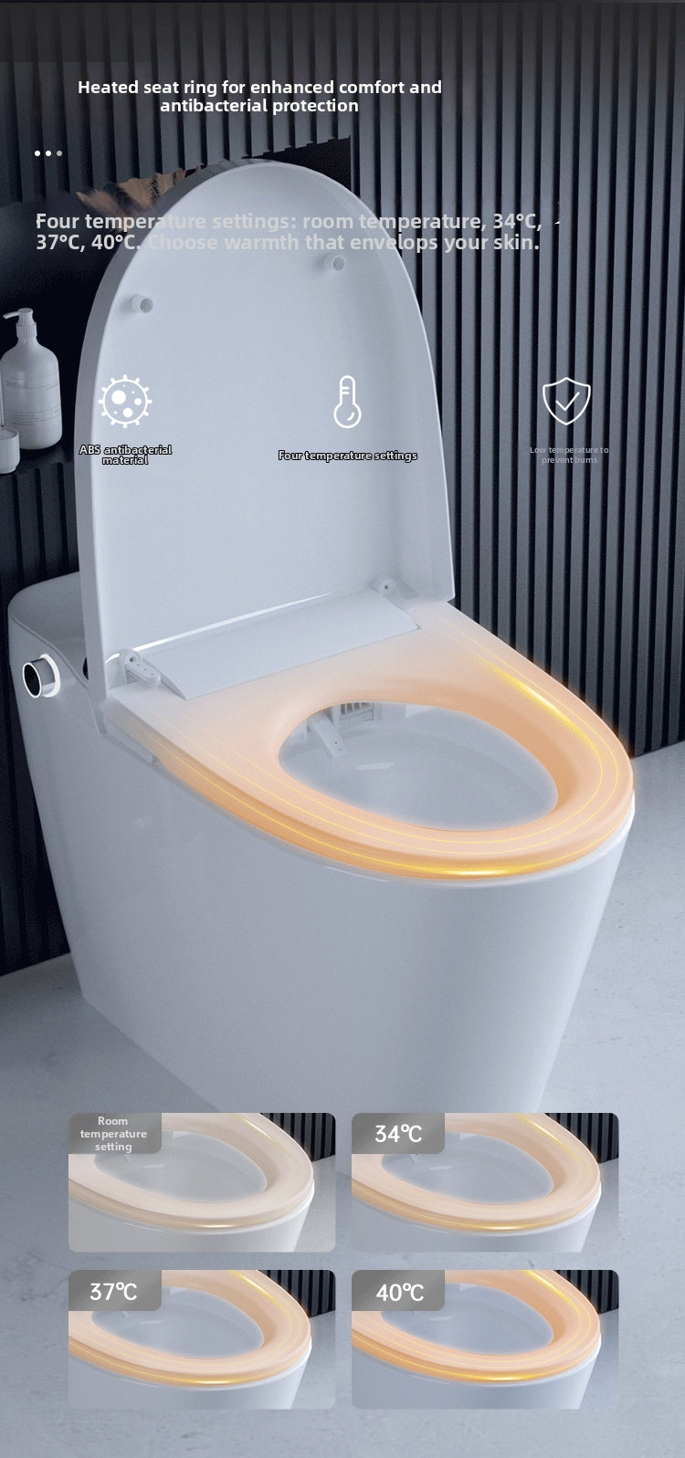 Ergonomic heated seat of T2 smart toilet with 4-level temperature adjustment for maximum winter comfort
