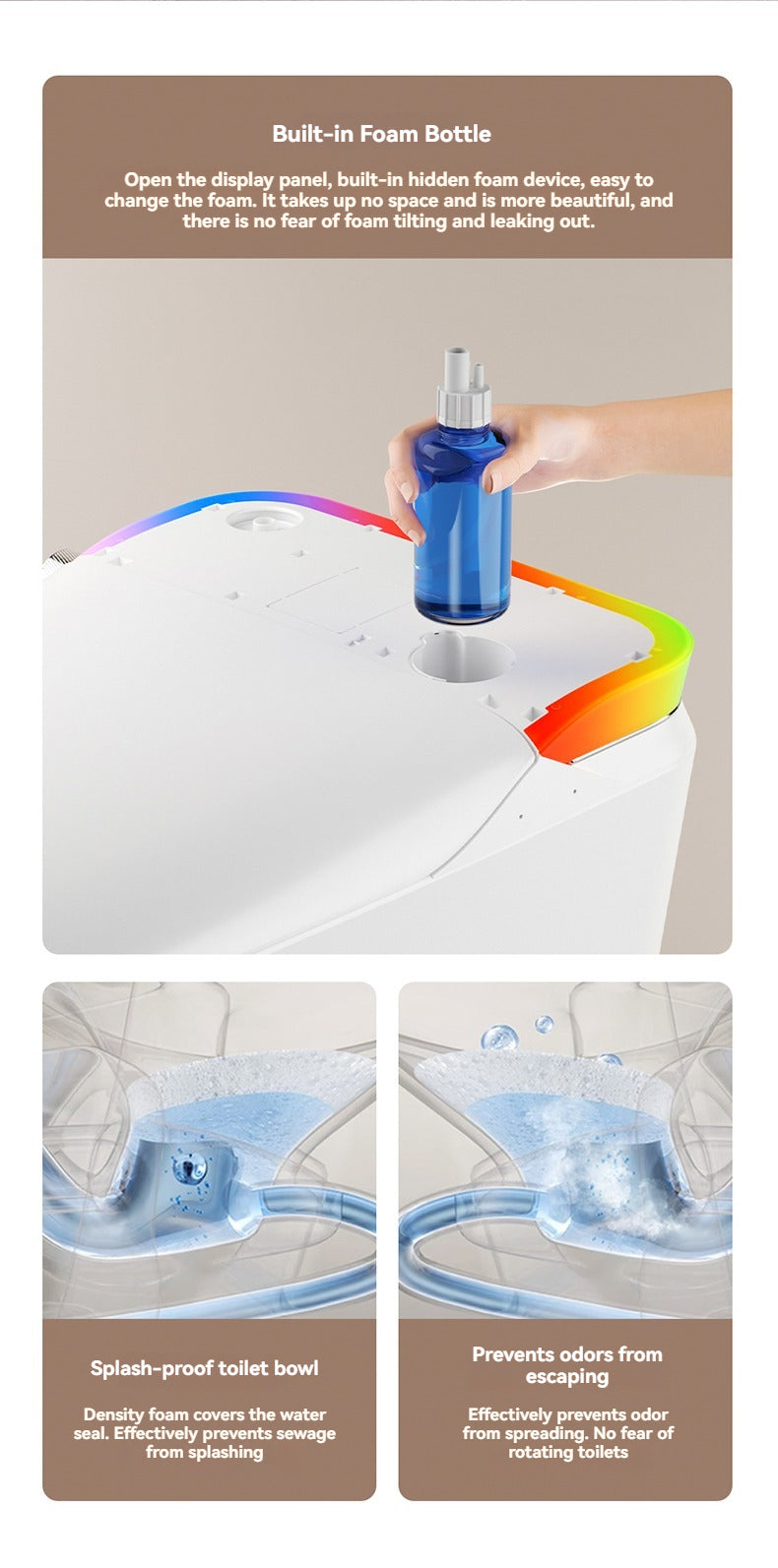 The V1 back outlet bidet toilet features an innovative foam shield system that is fully built into the lid. Unlike traditional models with external attachments, the V1 maintains a sleek, minimalist aesthetic with no exposed parts.