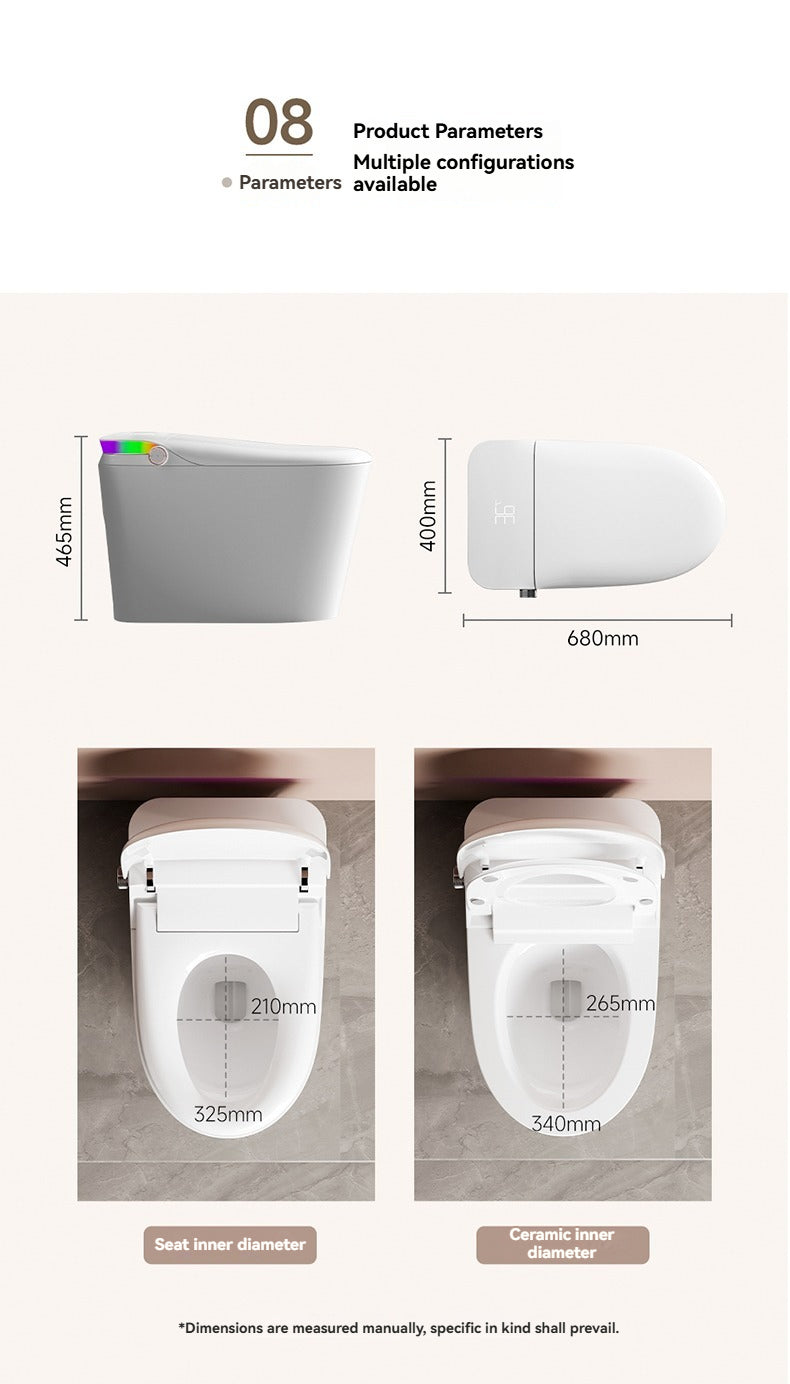 The V1 back outlet bidet toilet measures 680mm in length, 400mm in width, and 465mm in height, featuring a sleek, space-saving design that fits perfectly in modern bathrooms