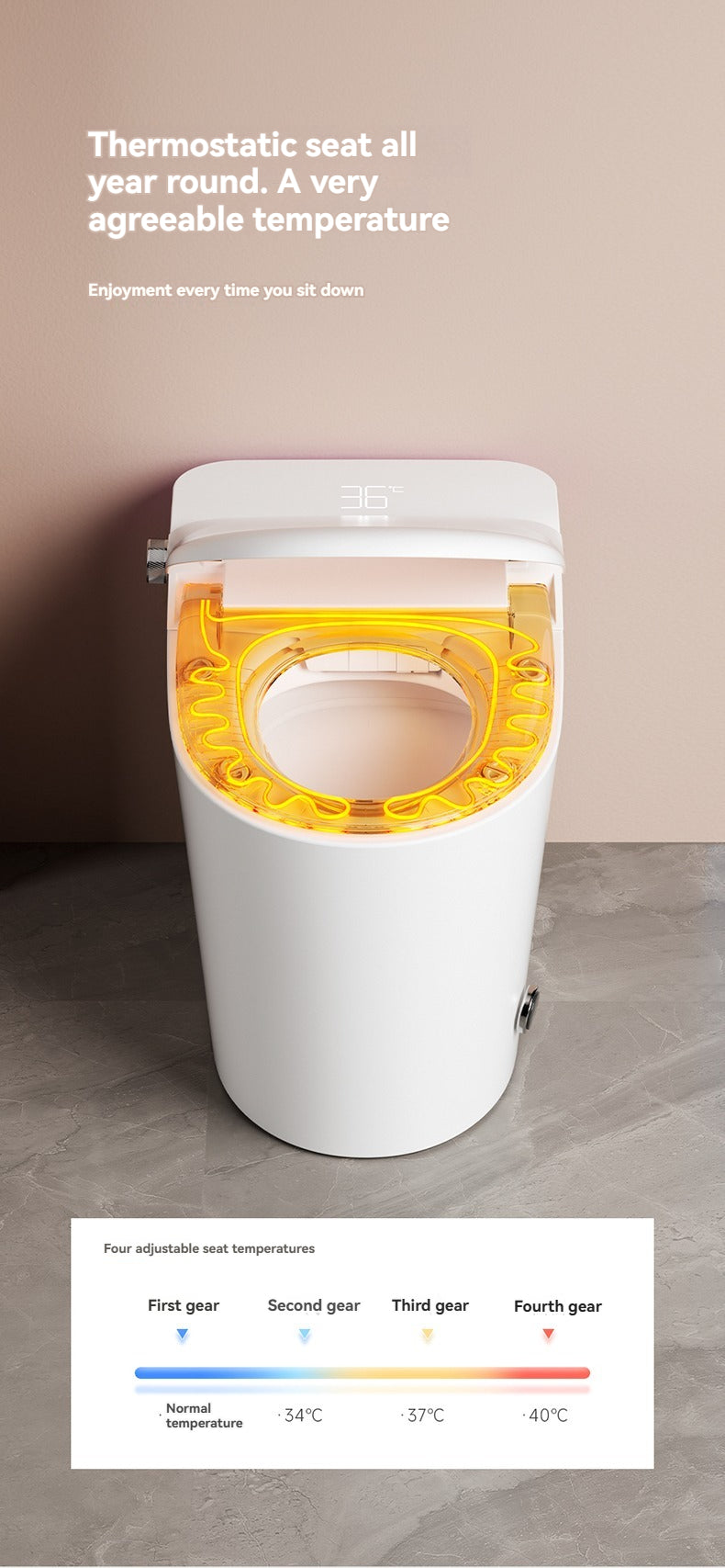 The V1 back outlet bidet toilet features an ergonomic heated seat with 4 adjustable temperature levels, providing a cozy and warm experience even in the coldest winters