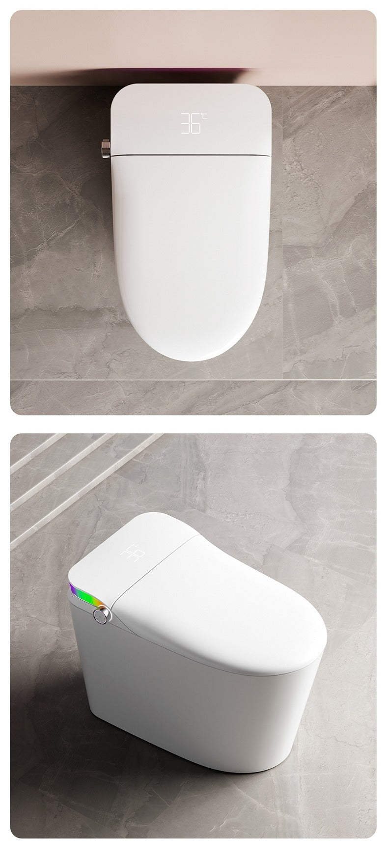 An elegant exterior view of the V1 back outlet bidet toilet, featuring a sleek, floor-mounted design with a seamless white ceramic body that fits perfectly in any modern luxury bathroom