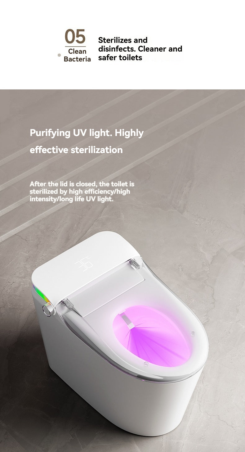 The V1 back-outlet smart toilet features an advanced UV sterilization system that automatically sanitizes the nozzle after each use, ensuring 99.9% hygiene and preventing cross-contamination.